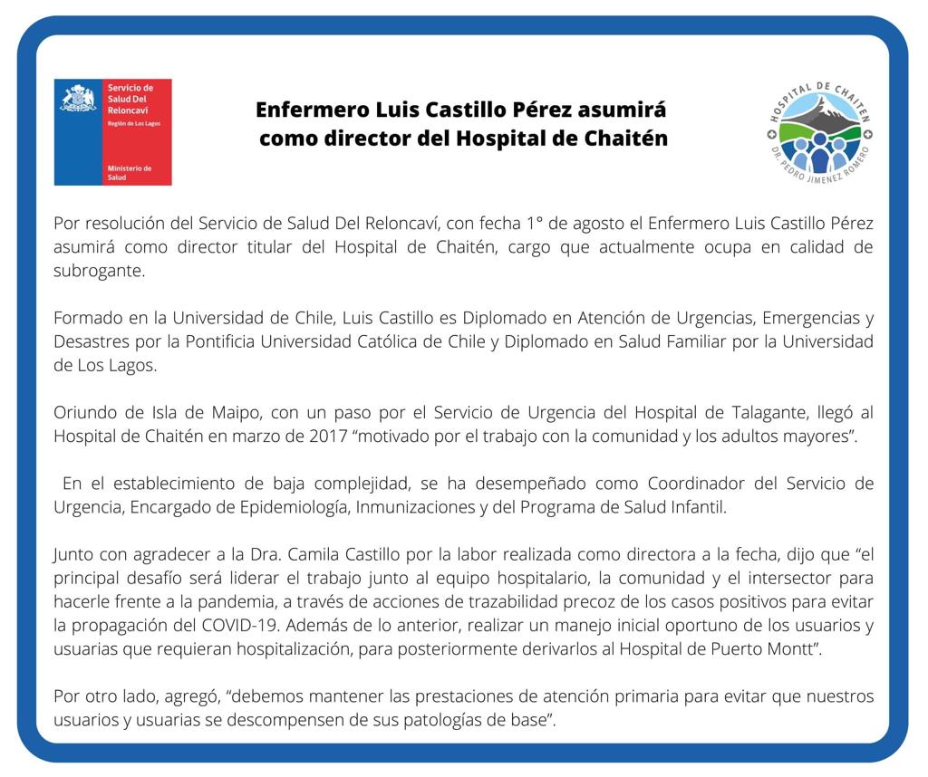 colegioenfermer's tweet photo. Felicitamos a nuestro colega Luis Castillo Pérez, por este nuevo desafío como Director titular del Hospital de Chaitén.
Mucho éxito!!! https://t.co/hU8krZ4TVc