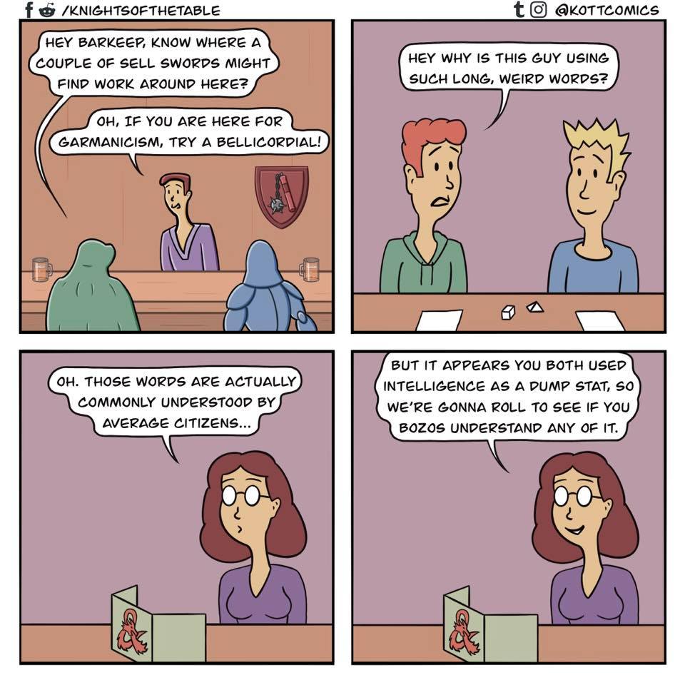 DmEducational's tweet photo. #Intelligence as a #DumpStat.
It's a hard thing to #roleplay and to #DM.
Are there things you do to play on a low intelligence from #players?
#DnD #TTRPG #KnightoftheTable #KOTT https://t.co/GGPKC4HUr7