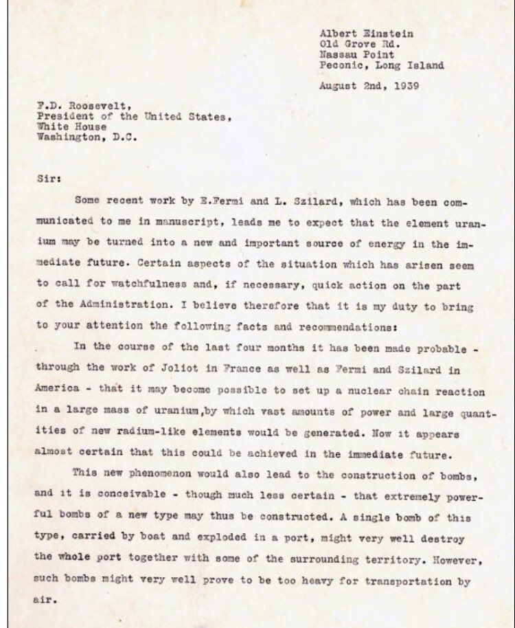 The most famous example is from Albert Einstein warming Roosevelt about the dangers of Germany developing an atomic bomb in 1939.  http://www.dannen.com/ae-fdr.html 