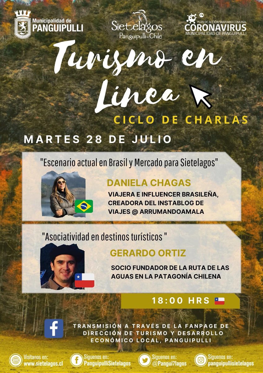 MuniPangui's tweet photo. 🤩¿Eres emprendedor del rubro Turismo? 

✔️No te quedes fuera de aprender y compartir experiencias en "Turismo en Línea", una oportunidad de saber cómo enfrentar el escenario actual y prepararte para lo que viene ✴️ #Panguipulli #Valdiviacl #LosRíos https://t.co/EndZeeEo77