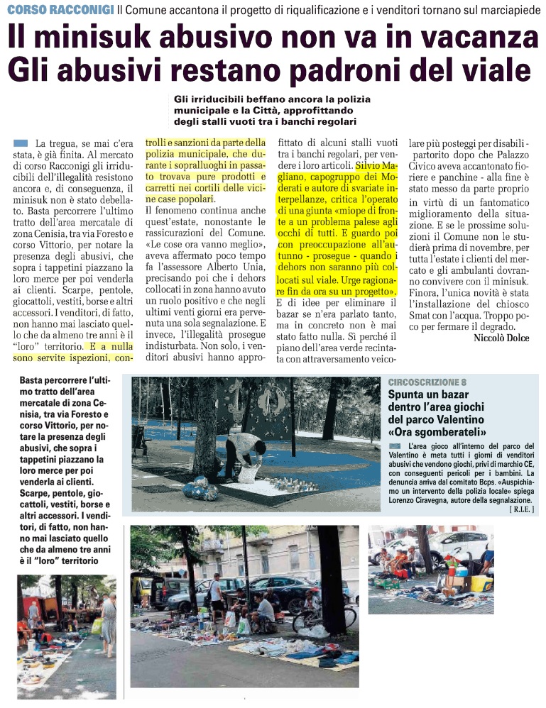 SilvioMagliano's tweet photo. Lungi dall'essere risolto il problema dell'abusivismo in corso Racconigi (#minisuk): una mia dichiarazione in questo articolo su #CronacaQui. https://t.co/ZM7q7xq4Vk