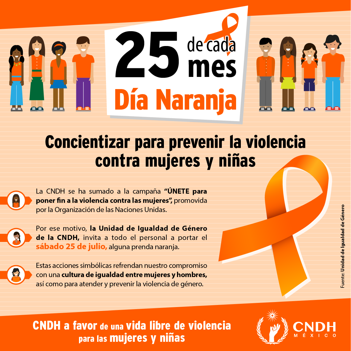 CNDH's tweet photo. Hoy es #DíaNaranja, una conmemoración de Naciones Unidas para erradicar todo tipo de violencia contra las mujeres y niñas.

Este 25 de julio te invitamos a unirte contra la violencia de género portando una prenda o listón naranja como una manera de adherirse a esta causa. https://t.co/2avxXOyM4l