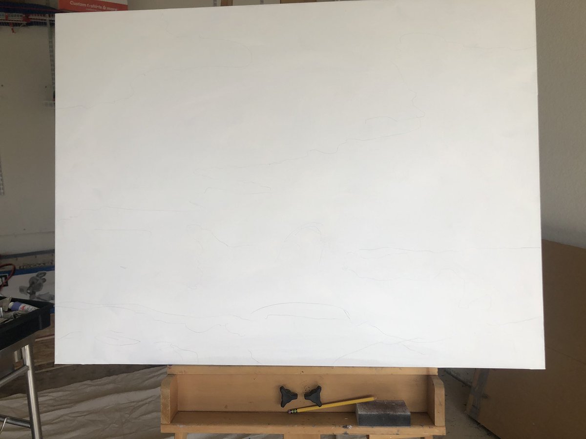 About to kick off my first oil painting in many, many years. Maybe it’s a little fun to explain what I’m doing (used to be a painting professor)First, I put a fresh coat of gesso on the canvas and sanded it down, and drew a light outline with pencil