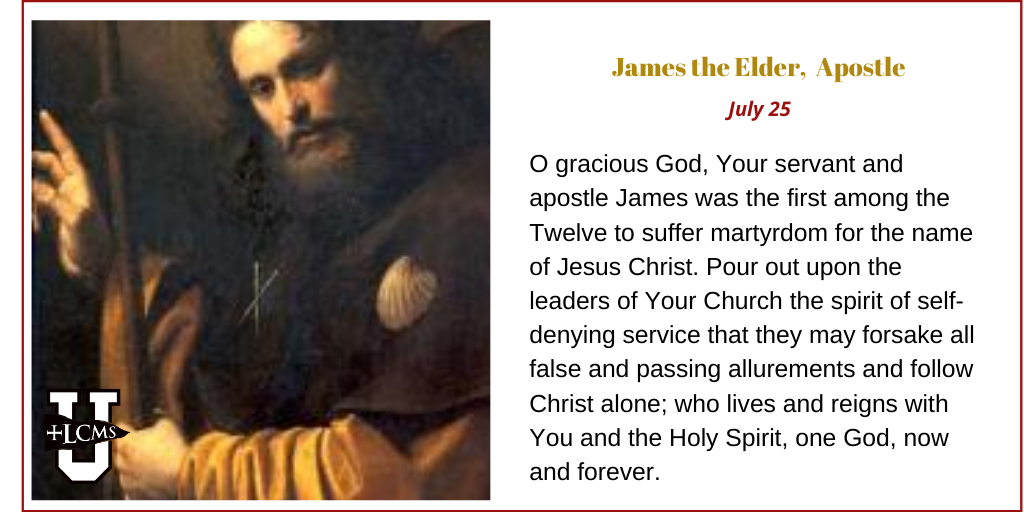 lcmsu's tweet photo. A blessed Feast of St. James the Elder!

O Lord, for James we praise You,
Who fell to Herod's sword;
He drank the cup of suff'ring
And thus fulfilled Your word.
Lord, curb our vain impatience
For glory and for fame,
Equip us for such suff'rings
As glorify Your name.
[LSB 518:21] https://t.co/qGXXn1Hyls