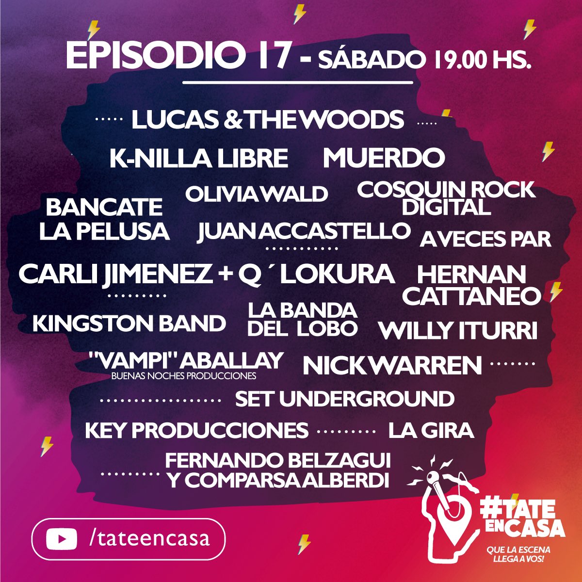 ¡Ya llega el #Episodio17! 
Hoy a las 19hs por @canalshowsport , <a href="/canalccordoba/">Canal C Córdoba</a> y youtube.com/tateencasa
.
.
.
Mirá quienes formarán parte del diecisieteavo episodio: 
<a href="/soycarlijimenez/">Carli Jimenez</a> <a href="/qlokuracbaok/">Q' Lokura</a> <a href="/Cosquin_Rock/">Cosquín Rock</a> <a href="/WillyIturri/">Willy Iturri</a> <a href="/LucasTheWoods/">LUCAS & THE WOODS</a> <a href="/MuerdoMusica/">MUERDO</a> <a href="/Jca27/">Juanaccastello</a> y muchos más!