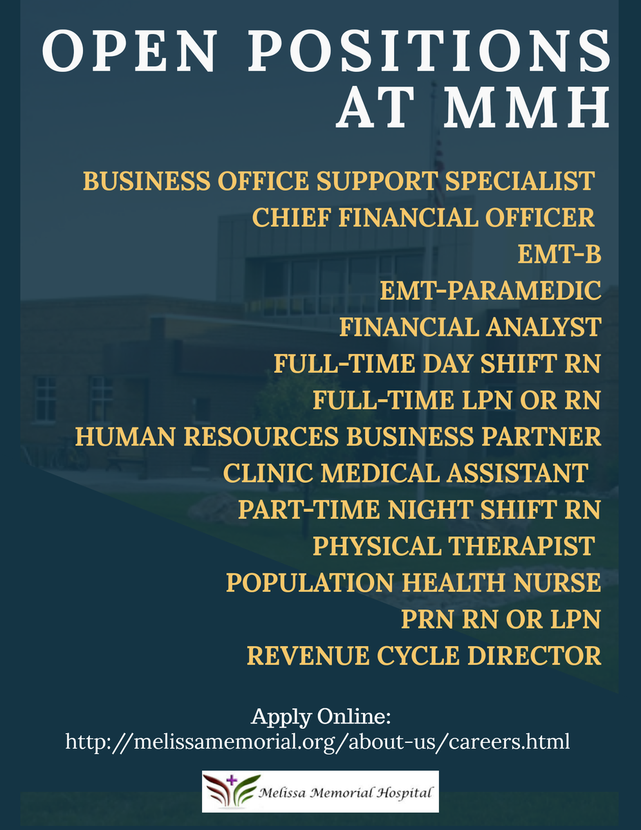 MelissaMemorial's tweet photo. Are you looking for a new job? Check out the open positions at MMH to see if one is right for you and apply online! https://t.co/wY6bO99Mqm https://t.co/beAdzsqxS1