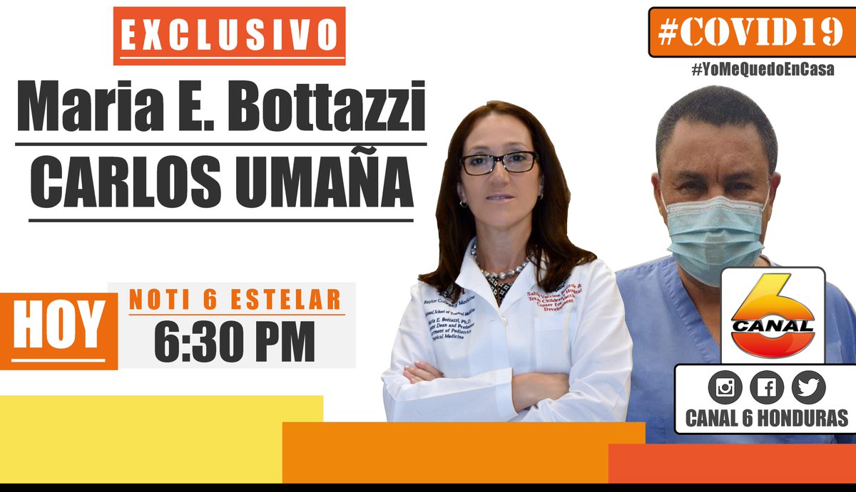Canal6Honduras's tweet photo. #SINTONIZAR📡 - Hoy en exclusiva con @mebottazzi (Científica desarrollando vacuna contra #Covid19) y @drcumana (Presidente Médicos #IHSS #SPS) // 🇭🇳
📺#EnVivo a las 6:30pm por #Noti6 #Estelar con @eddie_noti6 https://t.co/JZJGO7AwBN