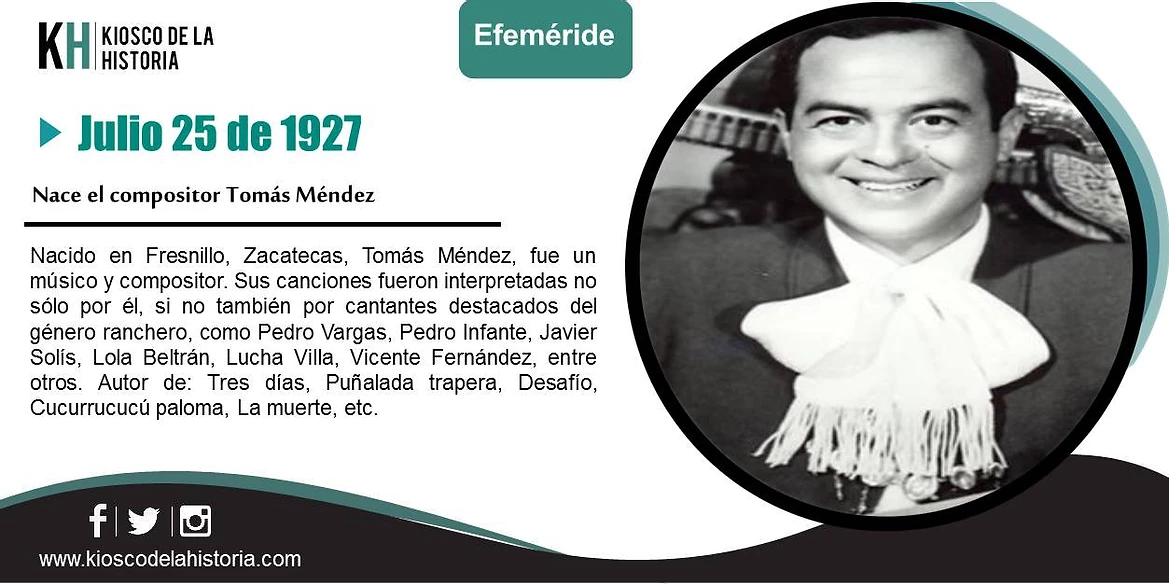 KioscoHistoria's tweet photo. Nace el compositor Tomás Méndez, #UnDiaComoHoy de 1927.
Entérate con #Efemerides en...https://t.co/XEOnxGEgen https://t.co/lgw4DjgwKS