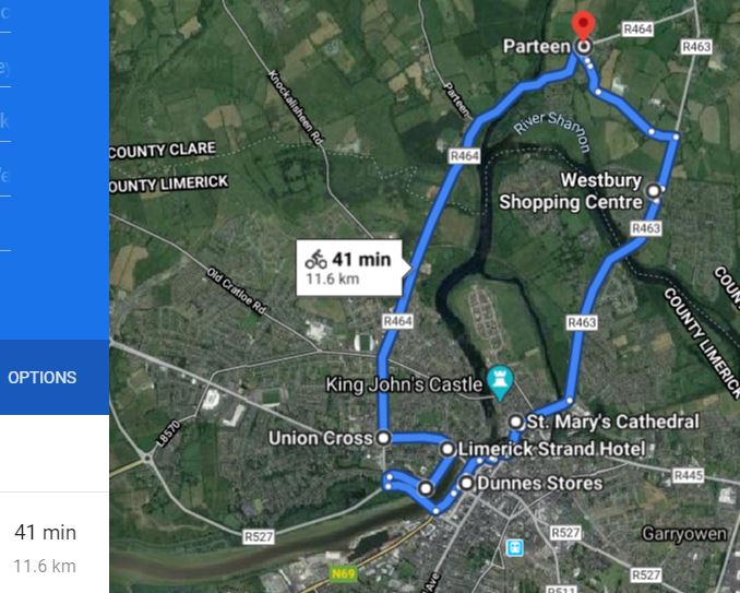 Anyway I decided to check out how much actual cycle lane I'd encounter on a commute into Limerick -I could check out the new lane on Shannon Bridge and see what the kerfuffle about sarsfield bridge/O'Callaghan was as well. Here's my route. It's 11.6 kms. 4/