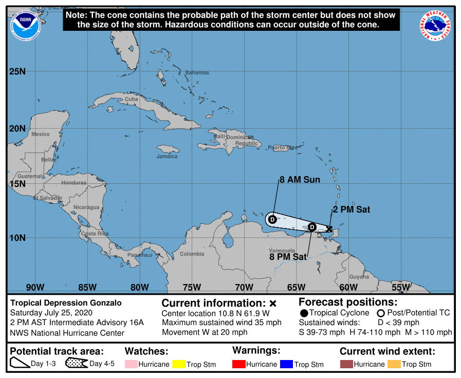 Meteovargas's tweet photo. Gonzalo se ha degradado a Depresión Tropical, con vientos máximos sostenidos que han disminuido a 55kmh. El centro del sistema se encuentra a 80 Km al noroeste de Trinidad #25jul 2pm https://t.co/QB2aQEOXHx