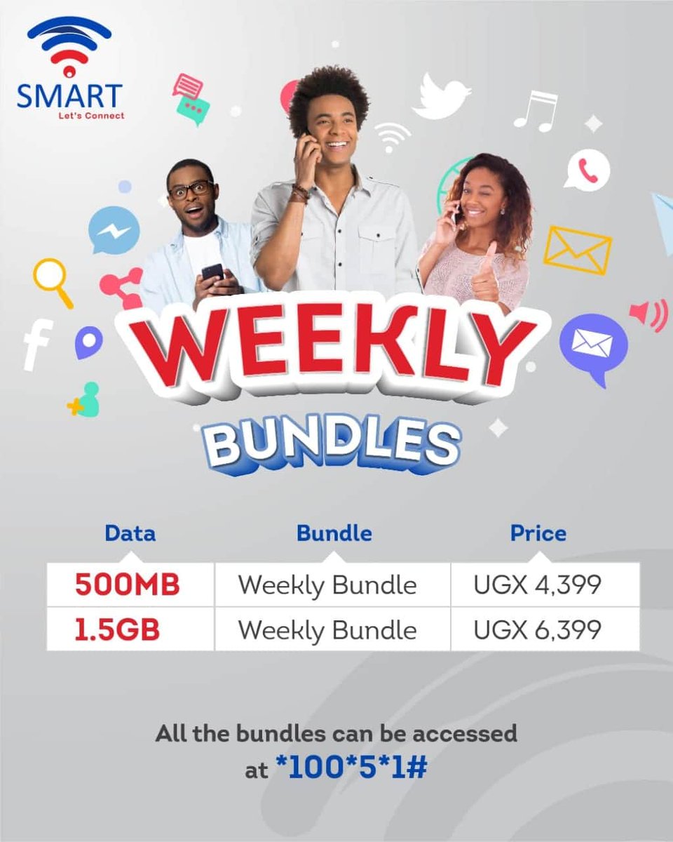uganda_smart's tweet photo. Enjoy the best weekly bundles in Uganda at the most AFFORDABLE rates! Starting from just UGX 4,399🇺🇬👌📲⠀⠀⠀
⠀⠀⠀
▪Simply dial *100*5*1*1# to subscribe 📱⠀⠀⠀
⠀⠀
#SMART #LetsConnect #Kampala #Uganda #3G #data #DataBundle #MobileData #tellafriendtotellafriend #EastAfrica https://t.co/gklXvEdqkB