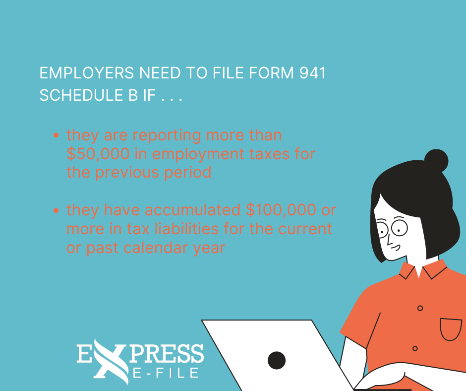 ExpressEFile's tweet photo. You might need to file #ScheduleB with your #Form941. Click the link to learn more:
https://t.co/WUDJaRb8B6 https://t.co/y0g3E5mwPG