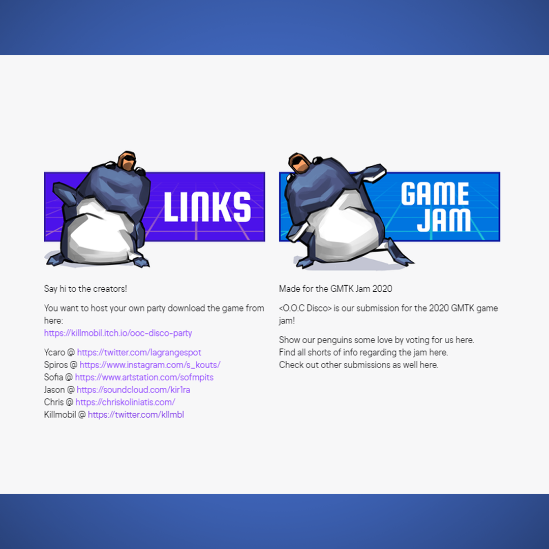 Moxvo's tweet photo. Some silly disco dancing penguins for O.O.C Disco Party, a small  twitch game we did for the #GMTK gamejam a couple weeks ago !
 #gamedev #2dart #conceptart #discodancingpenguins https://t.co/TJ2zPL5Ii6
