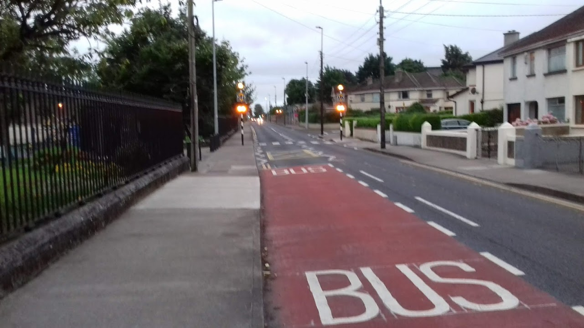 A few hundred meters on we encounter the first zebra crossing of my commute at Shelbourne Park. I've now been cycling for 3.8km, passed the gate of a school about 300m back and 7/