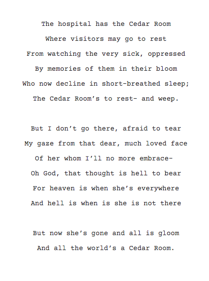 My dad wrote a poem for my mum every day for 25 years. He wrote this one the day after she died. It's called The Cedar Room.  #ALoveInVerse 

Read here by <a href="/LiaBurge/">Lia Burge</a> 
aloveinverse.com/poems/the-ceda…