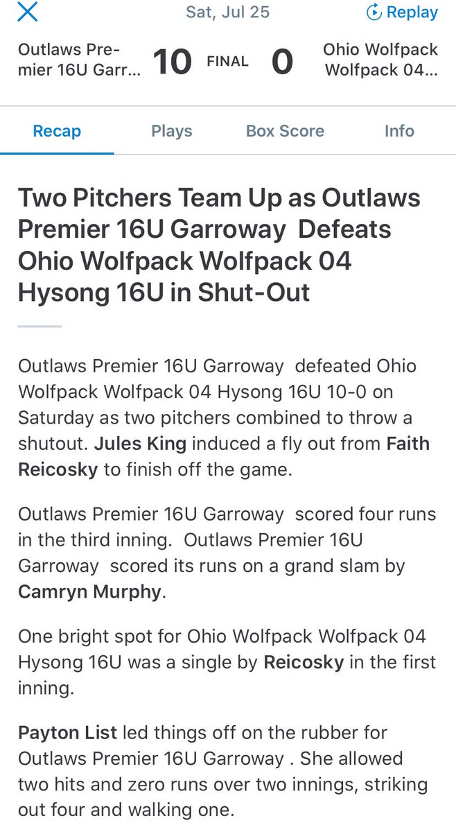 16u_Garroway's tweet photo. Final 10-0 win v Wolfpack 04 Hysong. WP @PaytonList2022 (2ip,2h,4k) &amp; @juliannaking201 (2ip,3k). @CamrynMurphy4 💣(Grand slam,4rbi), @abbyschellerrr (2B,rbi),@CalahanMckenna(2B,rbi), King(2-3,3rbi) @JMUSoftball @CoachHerm @OhioStateSB @CoachJexx_RMU @ZipsSB @HokiesSoftball https://t.co/lxaSOsmQjc