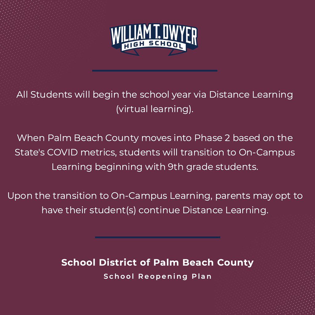 DwyerHS's tweet photo. There has been a lot of info published regarding the @pbcsd School Reopening Plan, School Calendar, and Fall Sports &amp; Extracurricular Activities. Swipe through these pics to view some of the important updates. #SchoolReopening https://t.co/Z3f8gUEQMl