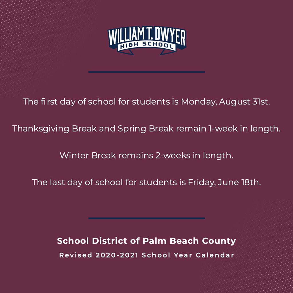 DwyerHS's tweet photo. There has been a lot of info published regarding the @pbcsd School Reopening Plan, School Calendar, and Fall Sports &amp; Extracurricular Activities. Swipe through these pics to view some of the important updates. #SchoolReopening https://t.co/Z3f8gUEQMl
