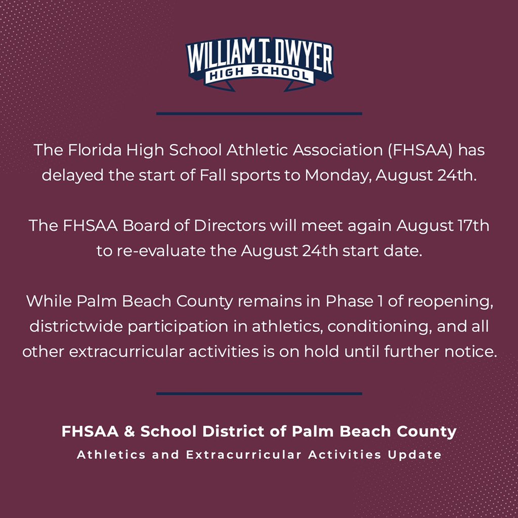 DwyerHS's tweet photo. There has been a lot of info published regarding the @pbcsd School Reopening Plan, School Calendar, and Fall Sports &amp; Extracurricular Activities. Swipe through these pics to view some of the important updates. #SchoolReopening https://t.co/Z3f8gUEQMl