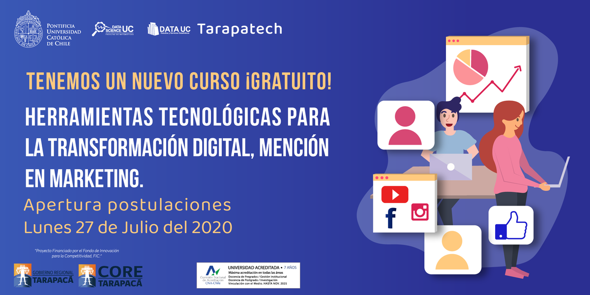 TarapacaUC's tweet photo. 🚨¡Recuerda!
A las 00:01 hrs del lunes 27/07 estarán disponibles en https://t.co/D2C9aqLecK bases y formulario de inscripción📋 para que puedas obtener una de las 100 becas para el curso “Herramientas Tecnológicas para la Transformación Digital, mención en Marketing” #Tarapacá https://t.co/Q5WdhsNVYg