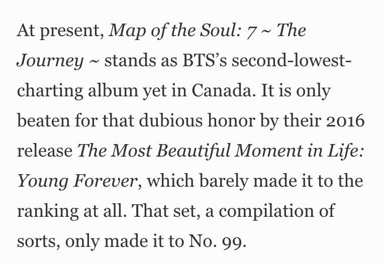 Here we go again...  @Forbes, it's not "a surprisingly low position for the biggest vocal group in the world right now" because MOTS7: The Journey is not directed at the Canadian market.