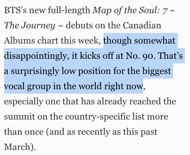 Here we go again...  @Forbes, it's not "a surprisingly low position for the biggest vocal group in the world right now" because MOTS7: The Journey is not directed at the Canadian market.