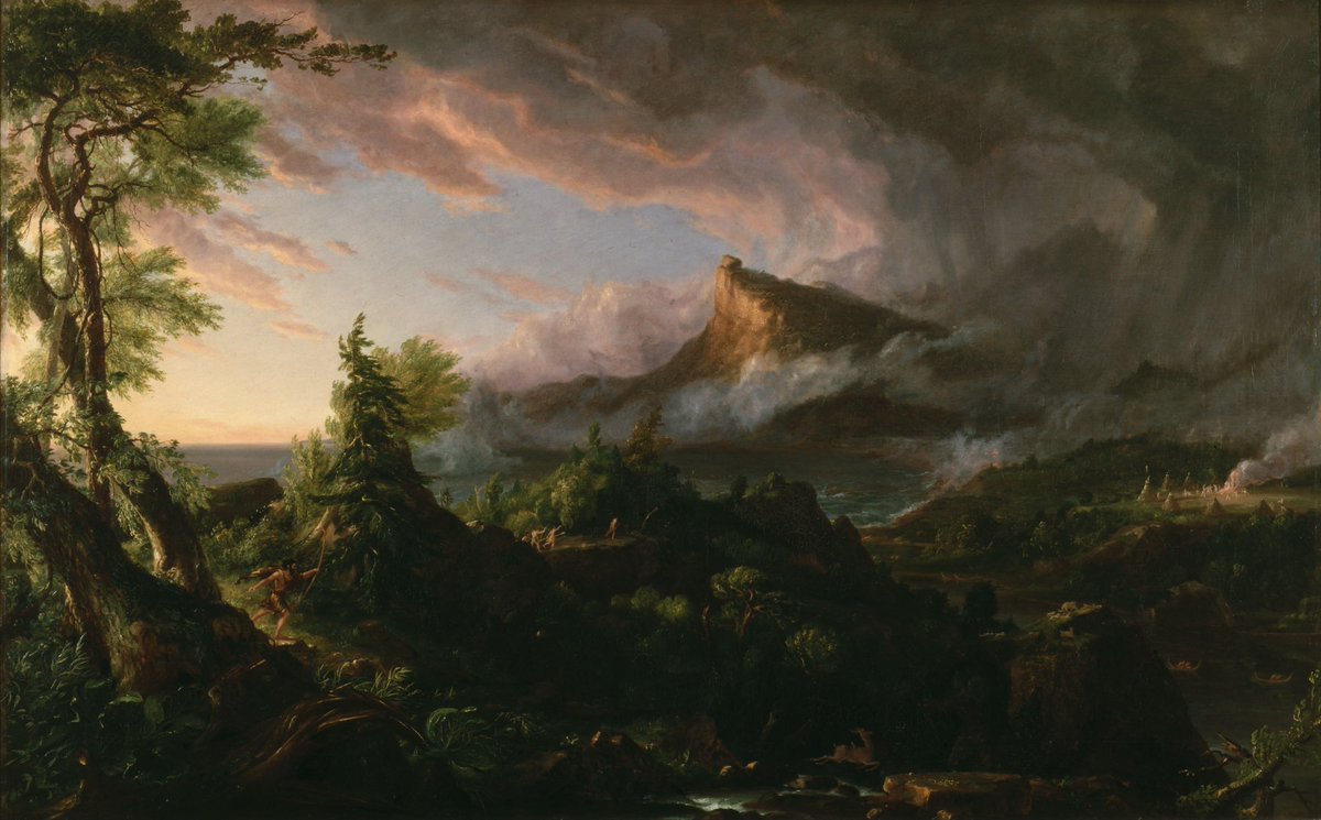 - The Course of EmpireThis series of five paintings depicts the growth and fall of an imaginary city. The first painting shows the unspoiled nature of the prehistoric man: a mountain crag, a forest, a bay, within a given landscape.- The Savage State (1834) by Thomas Cole