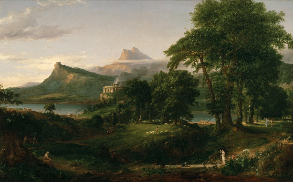 The second painting provides a representation of a simple, Arcadian ideal state in human history. More and more traits of human culture emerging: agriculture, commerce, arts, science. Progress have been made on all fronts.- The Arcadian or Pastoral State (1834) by Thomas Cole