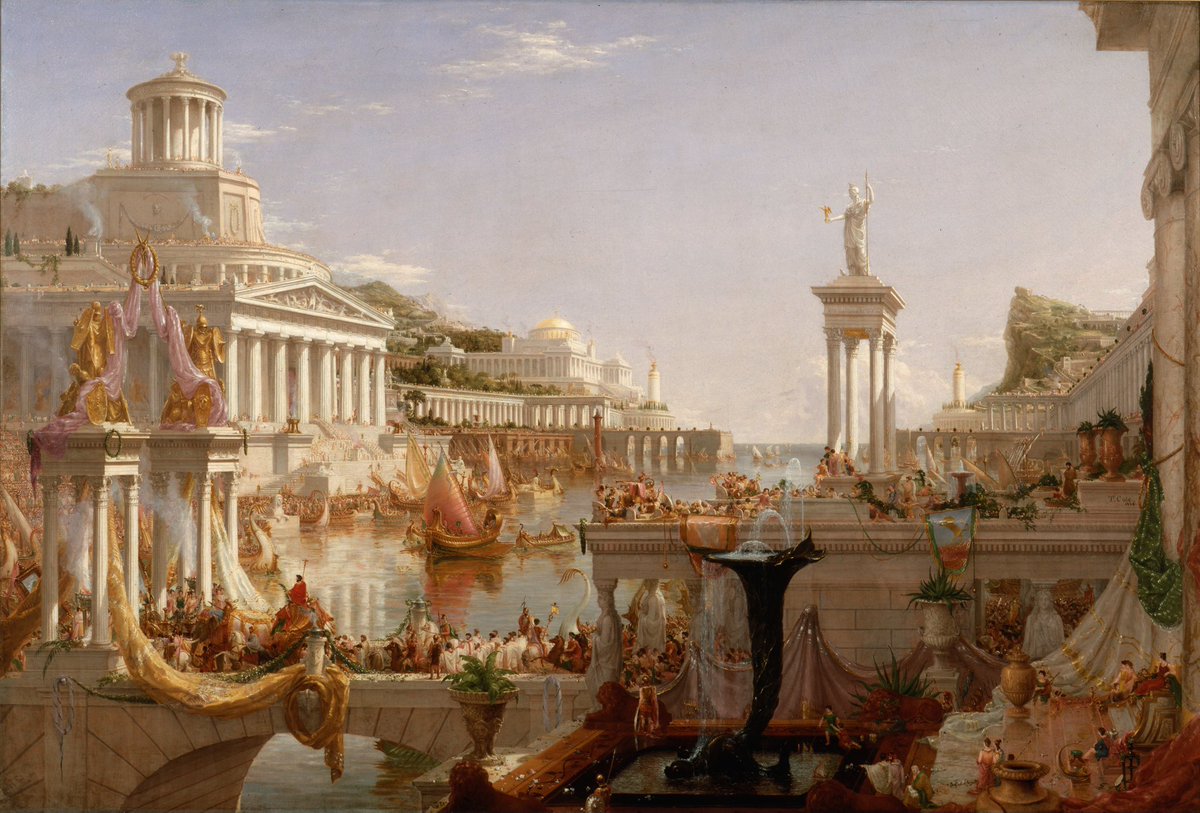 The third of painting depicts a triumphal procession in the town at the bay, where the victor in a war is hailed with garlands and cheers of his people. Decadence foreshadows the inevitable fall of this mighty civilization.- The Consummation of Empire (1836) by Thomas Cole