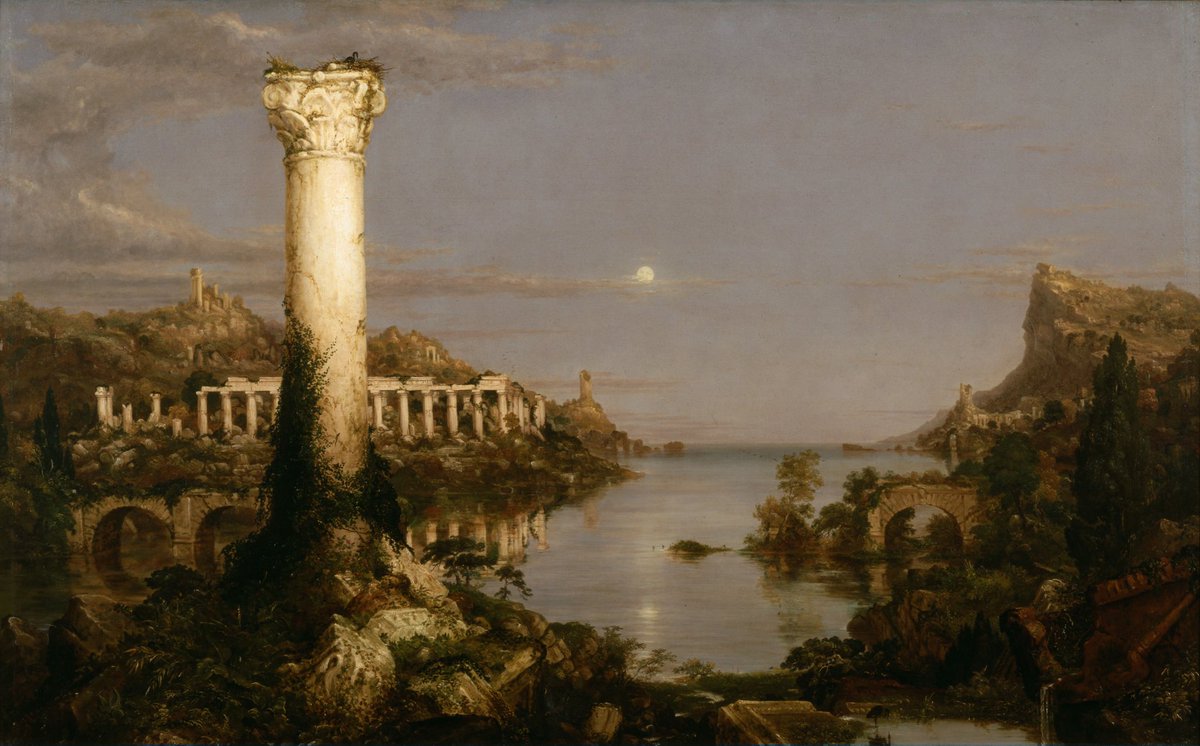 The fifth painting depicts the downfall of human civilization, a single pillar stands preserved in the foreground. Cole quoted lines from Canto IV for his series: “First freedom and then Glory - when that fails, Wealth, vice, corruption...”- Desolation (1836) by Thomas Cole
