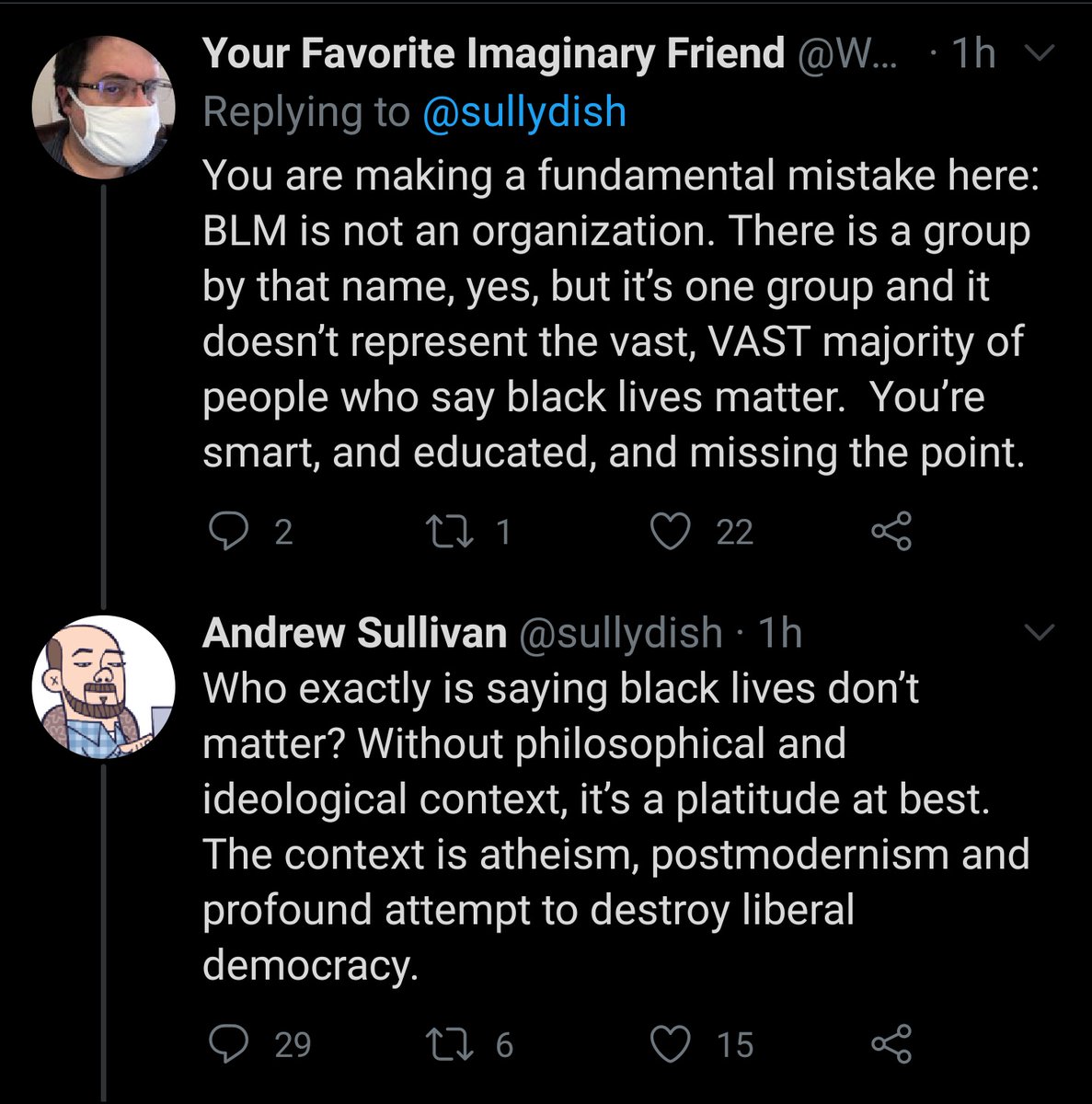 if im reading this correctly Andrew Sullivan is now insisting that Black Lives Matter is an affront to God and "critical theory" (in this case referring to anyone who isn't a phrenologist) is the work of the devil