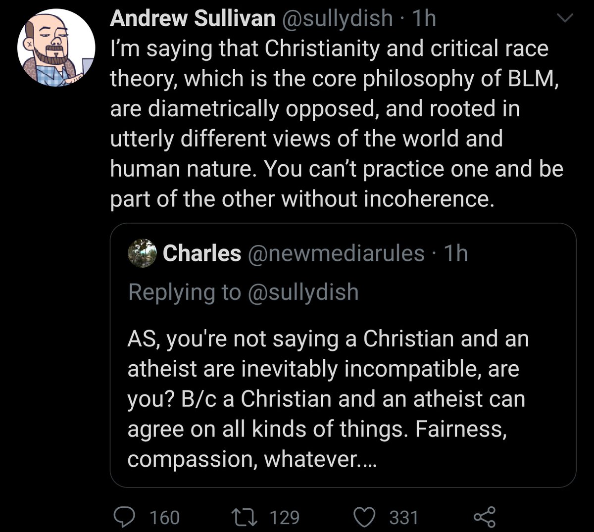 if im reading this correctly Andrew Sullivan is now insisting that Black Lives Matter is an affront to God and "critical theory" (in this case referring to anyone who isn't a phrenologist) is the work of the devil