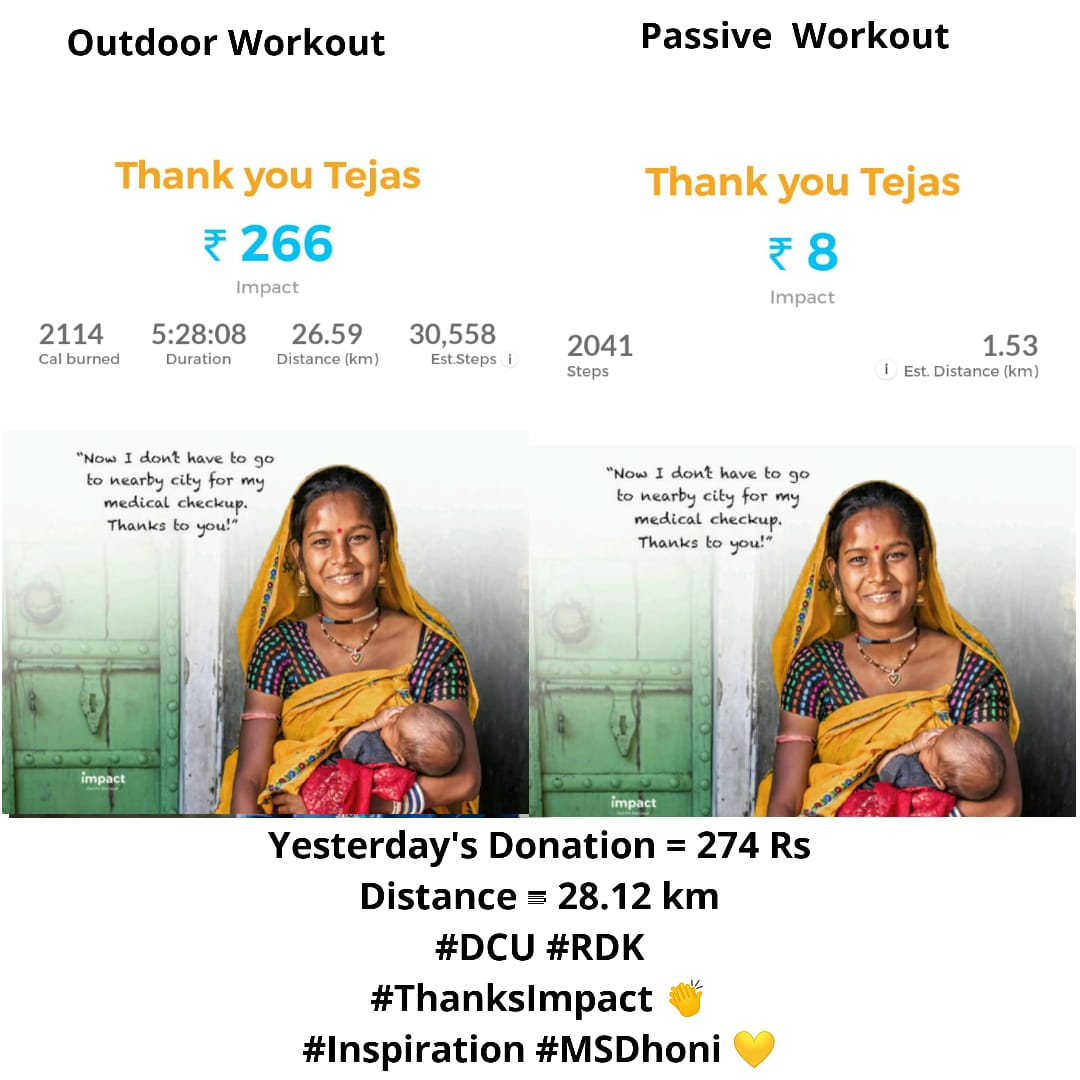tejasmishra1997's tweet photo. I raised โน 274 (yesterday) for my society & nation #walking with #Impact app. Thanks to #Jubiliant_LifeSciences for sponsoring my @Impact_App_ workout. #WalkToContribute #WeFightCorona ๐ฎ๐ณ @msdhoni #TheInspiration ๐ #HealthCare ๐ https://t.co/ulT5wv1LG6