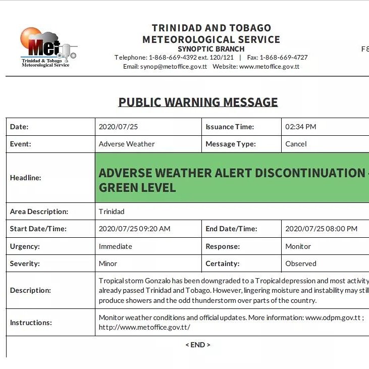 TTMetOffice's tweet photo. Adverse Weather Alert for Trinidad has been discontinued! 

Visit https://t.co/sZE3Y1TL2f for details https://t.co/aJVyqyHxIh