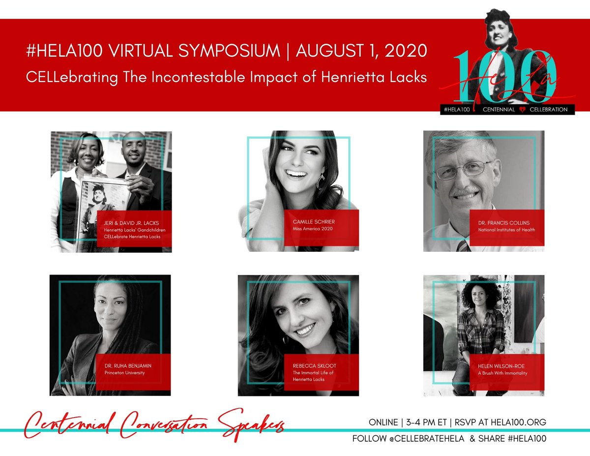Henrietta Lacks CELLebrate HeLa (@cellebratehela) on Twitter photo Have you RSVP'd at HELA100.ORG for #HenriettaLacks 100th Birthday CELLebration on next Saturday, August 1, 2020?! <a href="/LacksFamily/">LacksFamily</a> is honored to announce the incredible speakers for the #HELA100 Virtual Symposium! <a href="/ruha9/">Ruha Benjamin</a> @NIHDirector @CamilleSchrier <a href="/RebeccaSkloot/">Rebecca Skloot (she/her)</a> Have you RSVP'd at HELA100.ORG for #HenriettaLacks 100th Birthday CELLebration on next Saturday, August 1, 2020?! <a href="/LacksFamily/">LacksFamily</a> is honored to announce the incredible speakers for the #HELA100 Virtual Symposium! <a href="/ruha9/">Ruha Benjamin</a> @NIHDirector @CamilleSchrier <a href="/RebeccaSkloot/">Rebecca Skloot (she/her)</a>