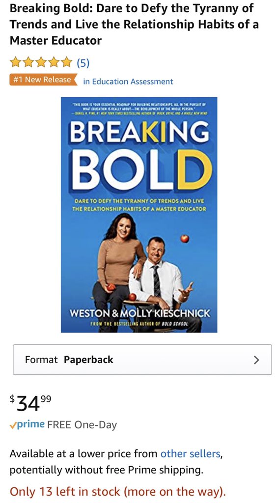 Wes_Kieschnick's tweet photo. We are beyond humbled. #BreakingBold is STILL a Number 1 New Release & Amazon is working to keep them in stock!
Thanks for everyone who is making this a book study! Let us know if you’d like us to pop-in virtually. We’re trying to get to as many as possible! #edchat #BoldSchool https://t.co/JWaLgGqYVI