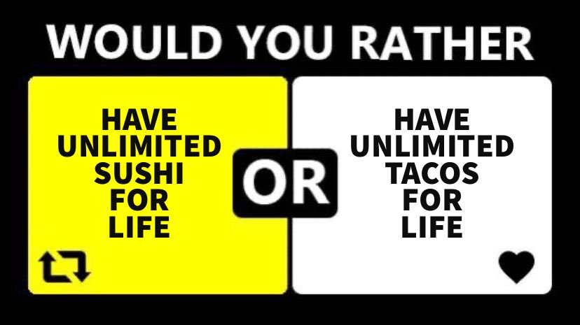WeDeyEventsTT's tweet photo. Would you rather? 👀 
🇹🇹 Trini Edition 🇹🇹 
#wedey #wyr #trinidadandtobago #caribbean 

Sushi or Tacos from where? 🤔 https://t.co/4ecse6fWWW