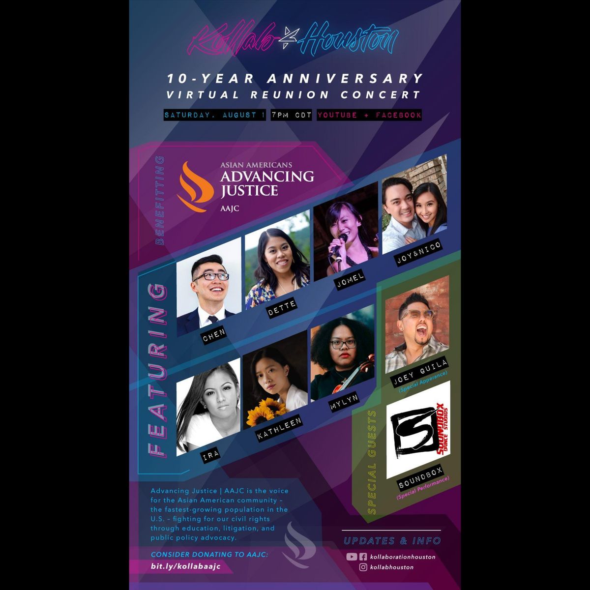 🎉 ANNOUNCING KOLLAB HOUSTON LINEUP!  📺 We'll be livestreaming on both Facebook and Youtube.

✨ Saturday, 8/1 at 7pm CDT⁠
✨ Free Show for the Family⁠
✨ Donations will be for Asian Americans Advancing Justice @advancingjustice_aajc⁠