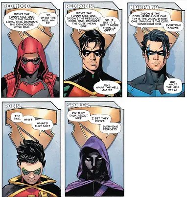 Just gonna throw all the Robins into 1 tweet. All complex characters with their own traumas, fears and worries.All completely ignored for a, frankly an out of character, joke. A joke was used as their mental health therapy session.