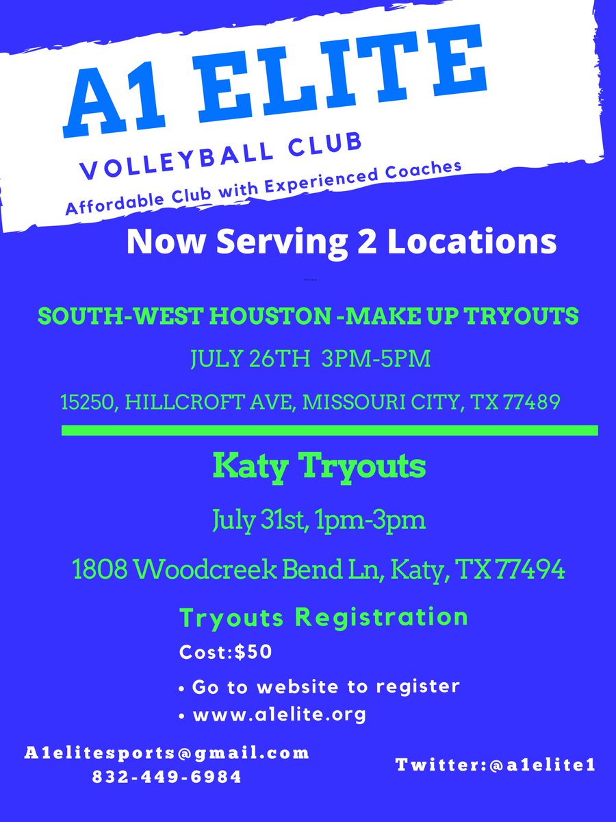 Make up Tryouts are Tomorrow at the South-West location. ➡️➡️ a1elite.org to register.