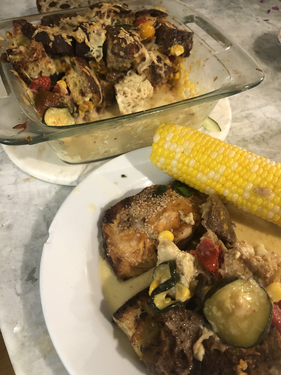 hereandnowrobin's tweet photo. And then I made a strata. Corn from cobs and Zuchinni and gruyere cheese from @Wilsonfarm tomatoes from me and bread from @HiRiseBreadCo . Ta da! @mainecook https://t.co/HKZ0zYfQpJ