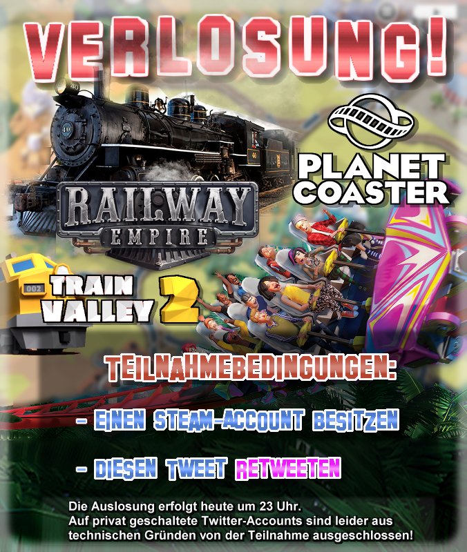 Sabishi1985's tweet photo. ++ VERLOSUNG ++

Überall Schienen! Zu gewinnen: Planet Coaster, Railway Empire und Train Valley 2!

Platz 1 wählt zuerst ein Spiel aus, dann Platz 2. Platz 3 bekommt das übrige Game.^^

(Wichtig: Zum Teilnehmen einfach nur retweeten, kein "Mit Kommentar retweeten"!)

#SabiVerlost https://t.co/tNBwnHUKxW