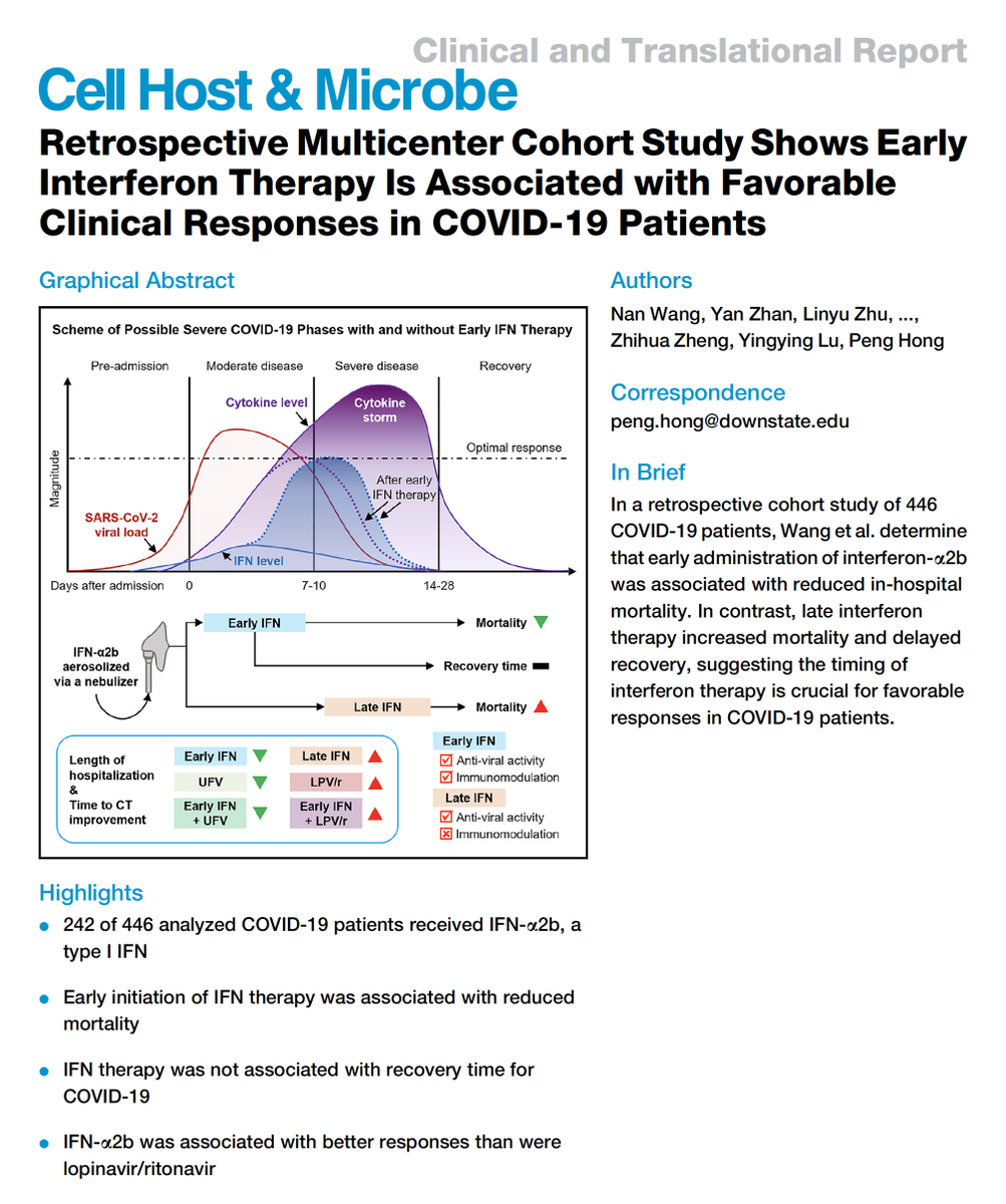 4. Multicenter report of inhaled interferon-alpha2b (Type1) showed benefit if given early, harm if late (opposite of pattern with dexamethasone) https://www.cell.com/cell-host-microbe/fulltext/S1931-3128(20)30401-7  @cellhostmicrobe