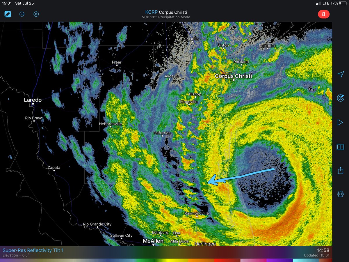 Saturday 3:05 pm: Winds are gusting to 30 mph in Laredo at times. Light showers moving west across Webb County, broken heavier outer rain band moving into Hebbronville. #MYKGNSNEWS
