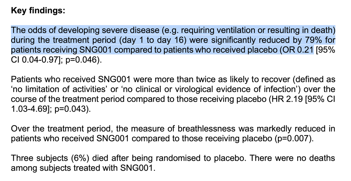 5. A small randomized trial of inhaled beta interferon in 100 patients, only available via press release so far, but very encouragingresults  https://www.synairgen.com/wp-content/uploads/2020/07/200720-Synairgen-announces-positive-results-from-trial-of-SNG001-in-hospitalised-COVID-19-patients.pdfand important caveats here, by  @benjmueller https://www.nytimes.com/2020/07/20/world/covid-19-treatment-synairgen-interferon-beta.html