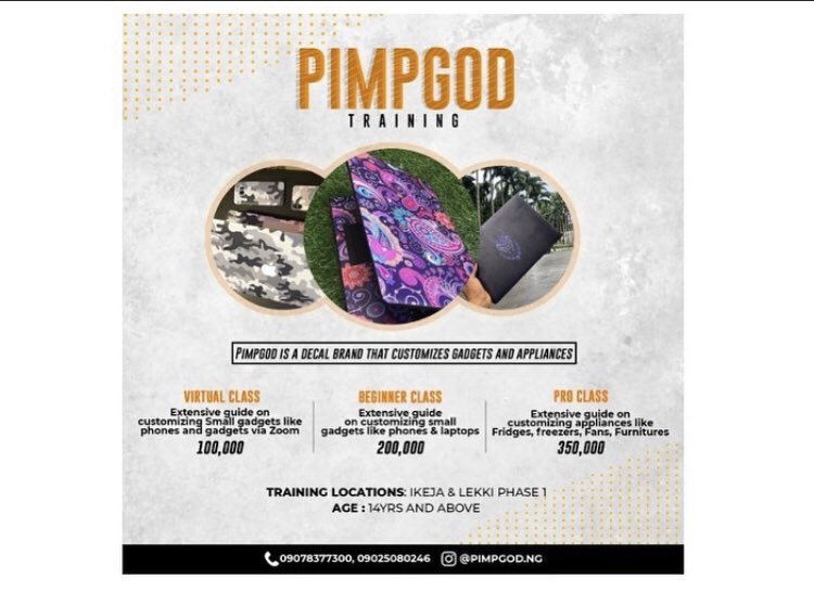 Pimpgod_ng's tweet photo. The Annual Pimpgod training is Open again! Are you Interested in learning how to Pimp gadgets , Appliances, Surfaces , cats etc.  Come train with Africa’s first and leading Decal brand! https://t.co/nD51Q3hEKB