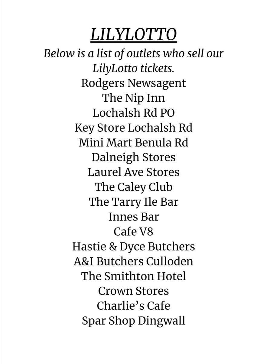 clachfc's tweet photo. Here is a list of outlets where you can buy your Lotto tickets.
Get along, get your numbers picked and you might win our £7500 Jackpot.
Good luck. https://t.co/NA42BXN6yo