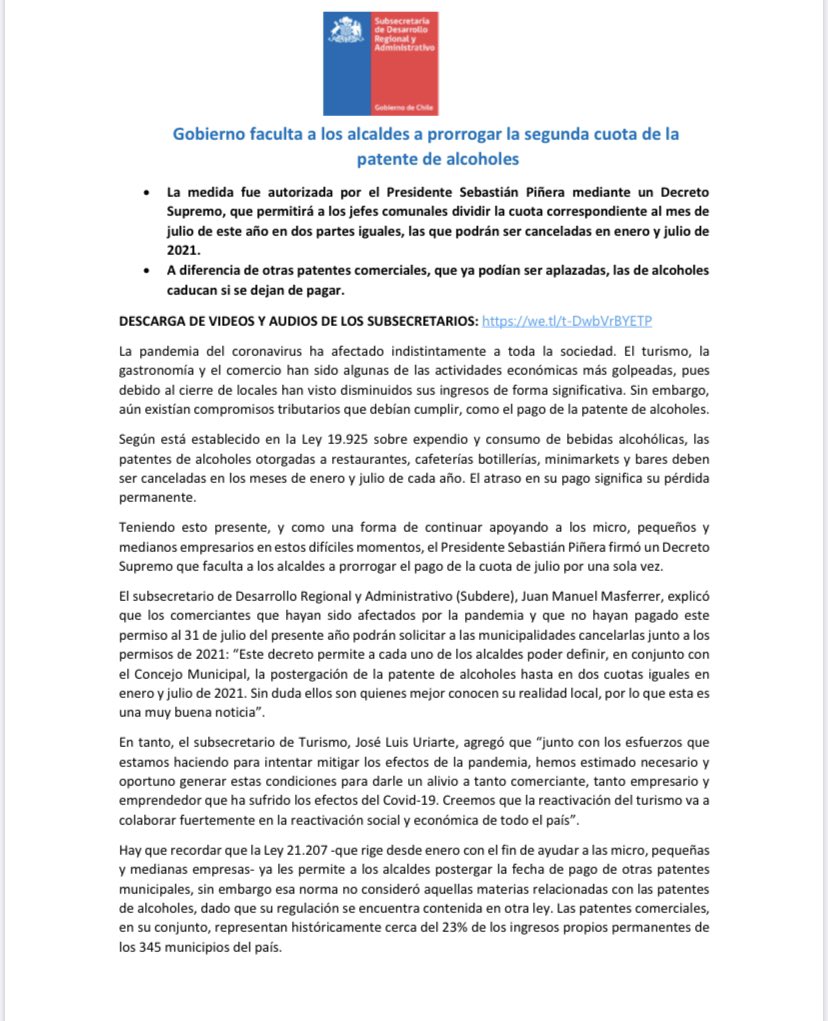 ¡Buenas noticias! El <a href="/GobiernodeChile/">Gobierno de Chile</a> 🇨🇱 dio la facultad a los alcaldes para que puedan prorrogar el pago de la patente de alcoholes de los comercios que lo requieran, dando un respiro a las #pymes que se han visto más afectadas por la crisis sanitaria. #cuidémonosentretodos