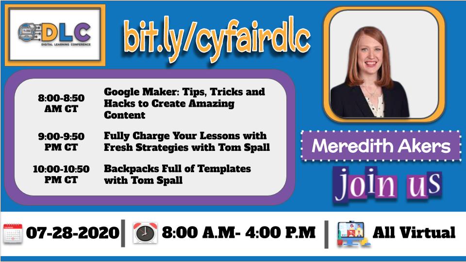 I am so excited to be presenting at #CFISDDLC #CFISDDLC2020 THIS TUESDAY, July 28!!! Please join me for 3 great sessions! Open to ALL educators! Download the conference app for links to each presentation bit.ly/2020DLC