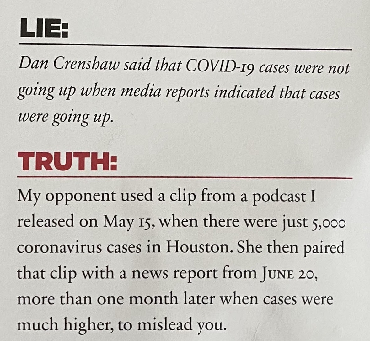 Lie 3: Dan claims he never deceived you on the COVID-19 case count in Houston, arguing that June 20 report was misleading because that's when "cases were much higher."That's funny Dan...if you knew cases were higher, why did you host a MASKLESS MEET AND GREET on June 19? (6/8)